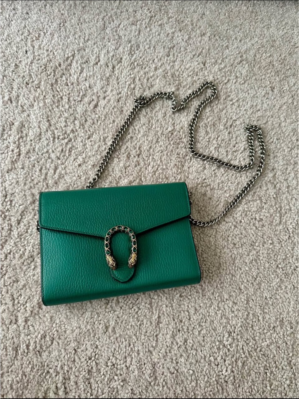 Gucci Dionysus Green Leather Chain Wallet with Decorative Hardware